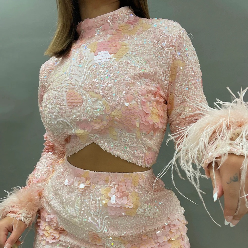 Hot & Delicious Pink Sequined Feather Cuff Crop Top - Picture 3 of 3